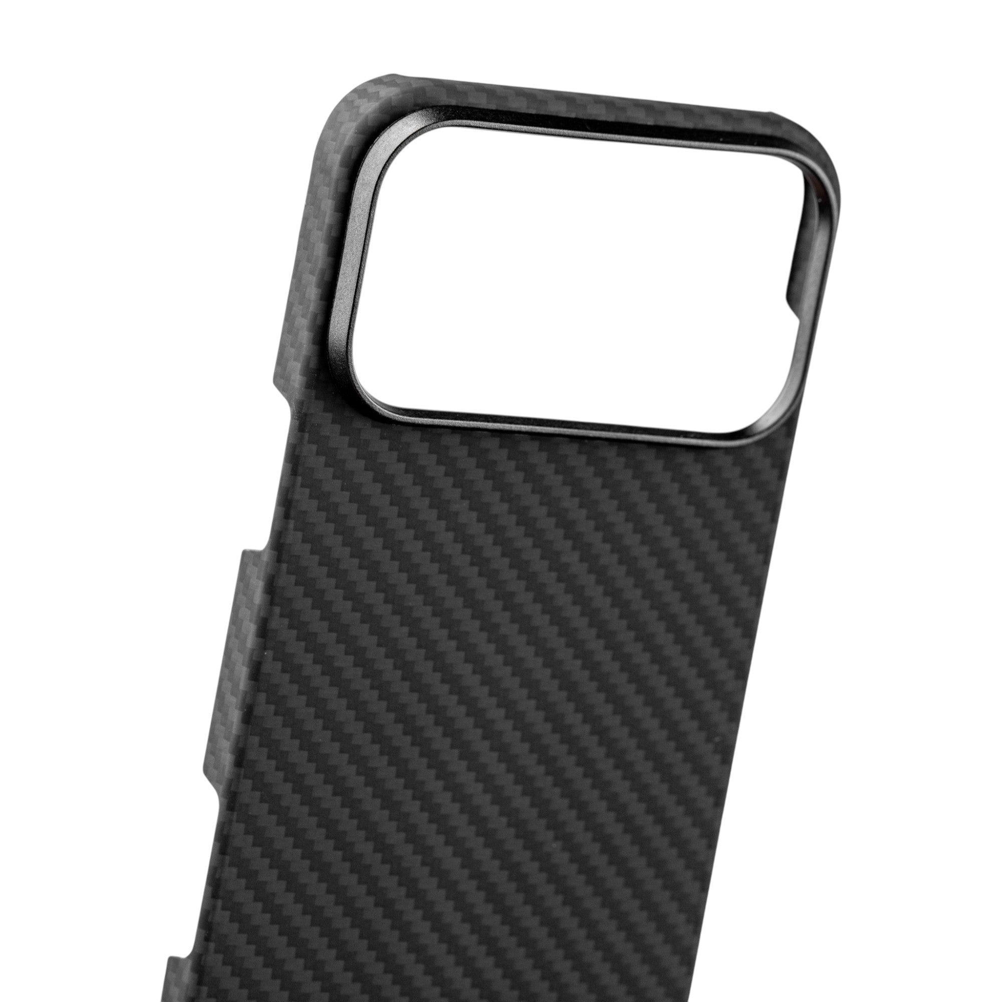 Carbon fiber phone case with a reflective surface on a white background