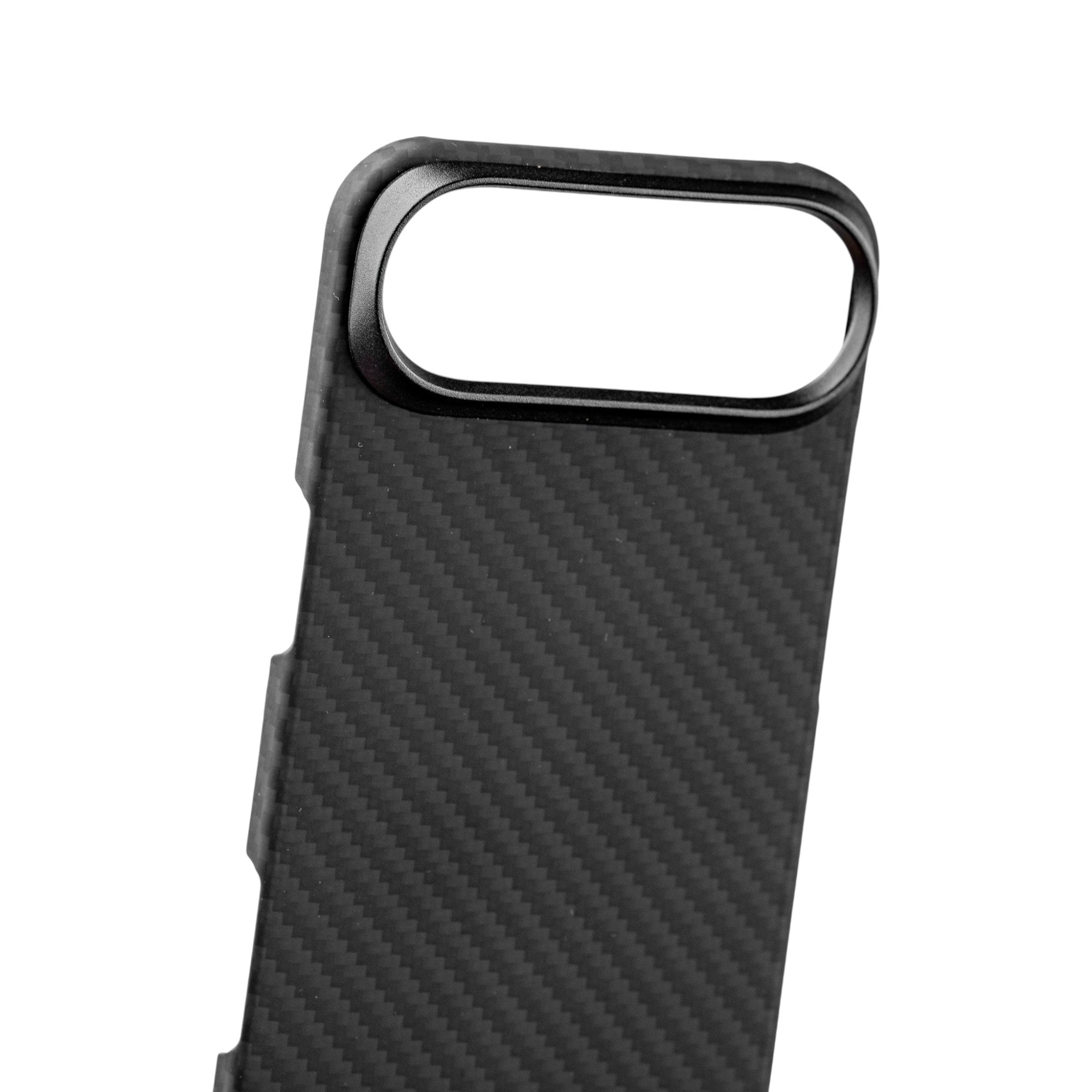 Carbon fiber iPhone air phone case with metallic ring on a white background