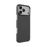 Mason aramid fiber iPhone 18 Pro case in matte black, back at an angle, power button side