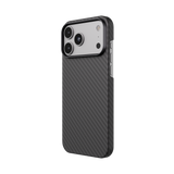 Mason aramid fiber iPhone 18 Pro case in matte black, back at an angle, volume button side