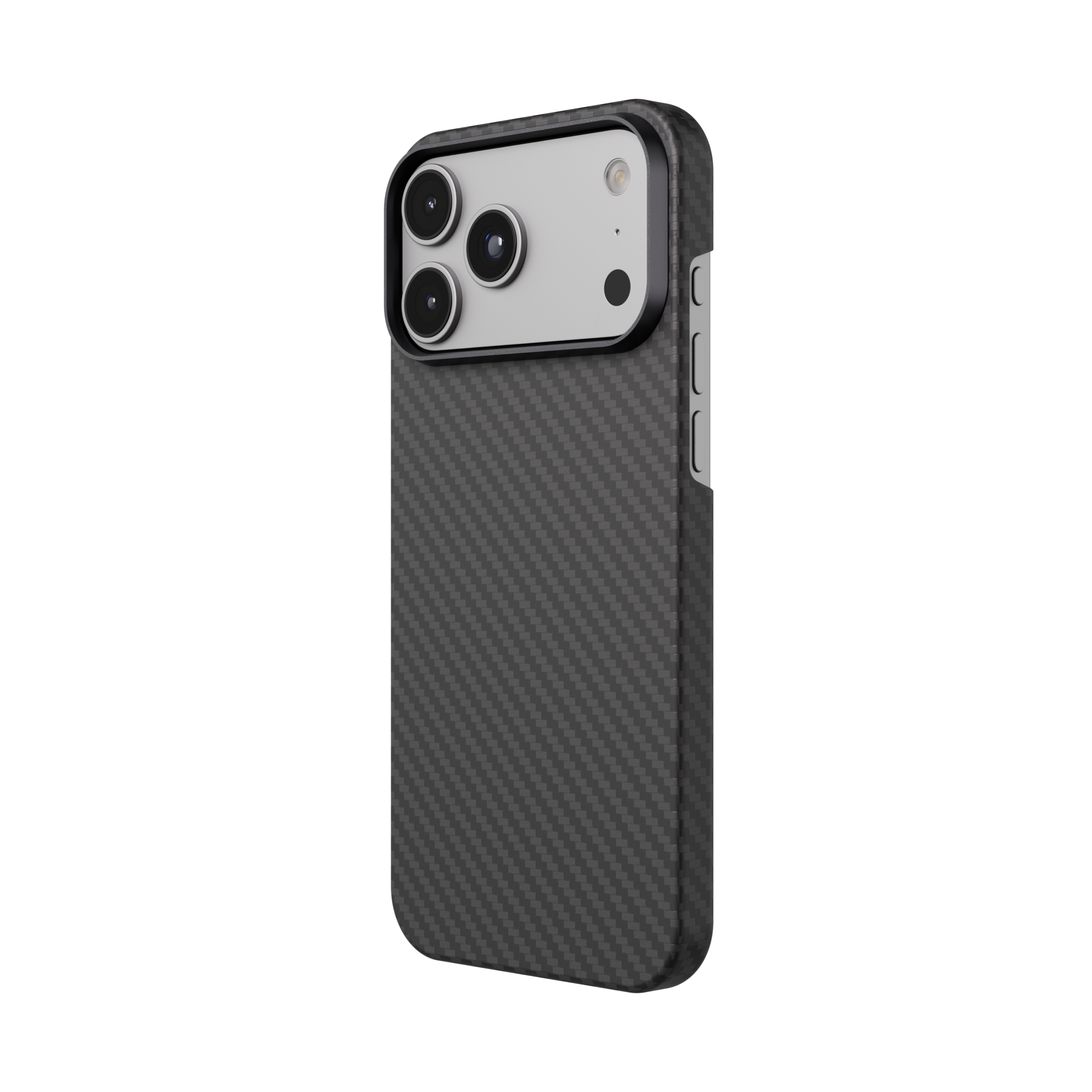 Mason aramid fiber iPhone 18 Pro case in matte black, back at an angle, volume button side