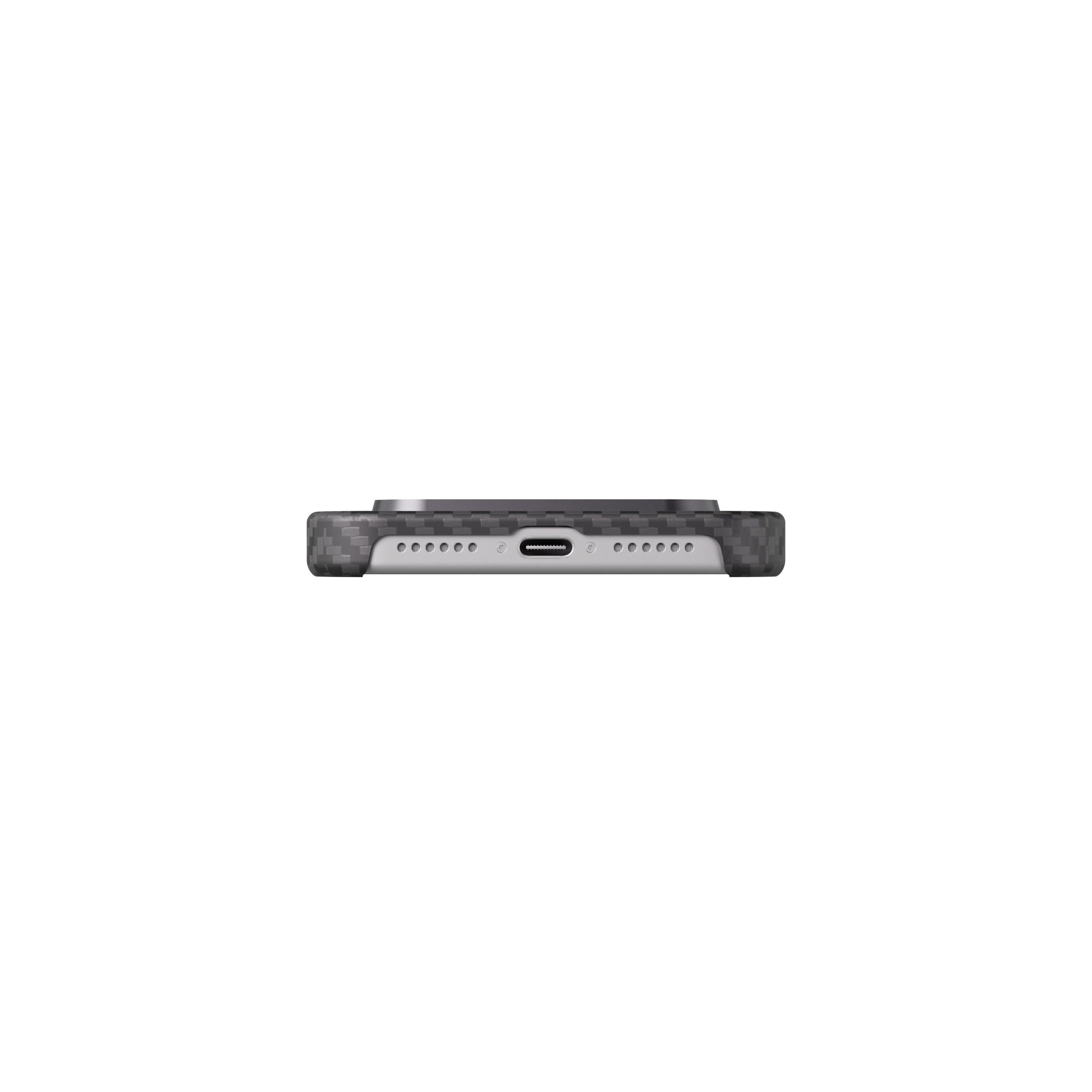 Mason aramid fiber iPhone 18 Pro case in matte black, bottom edge showing the USB-C port and speaker grilles