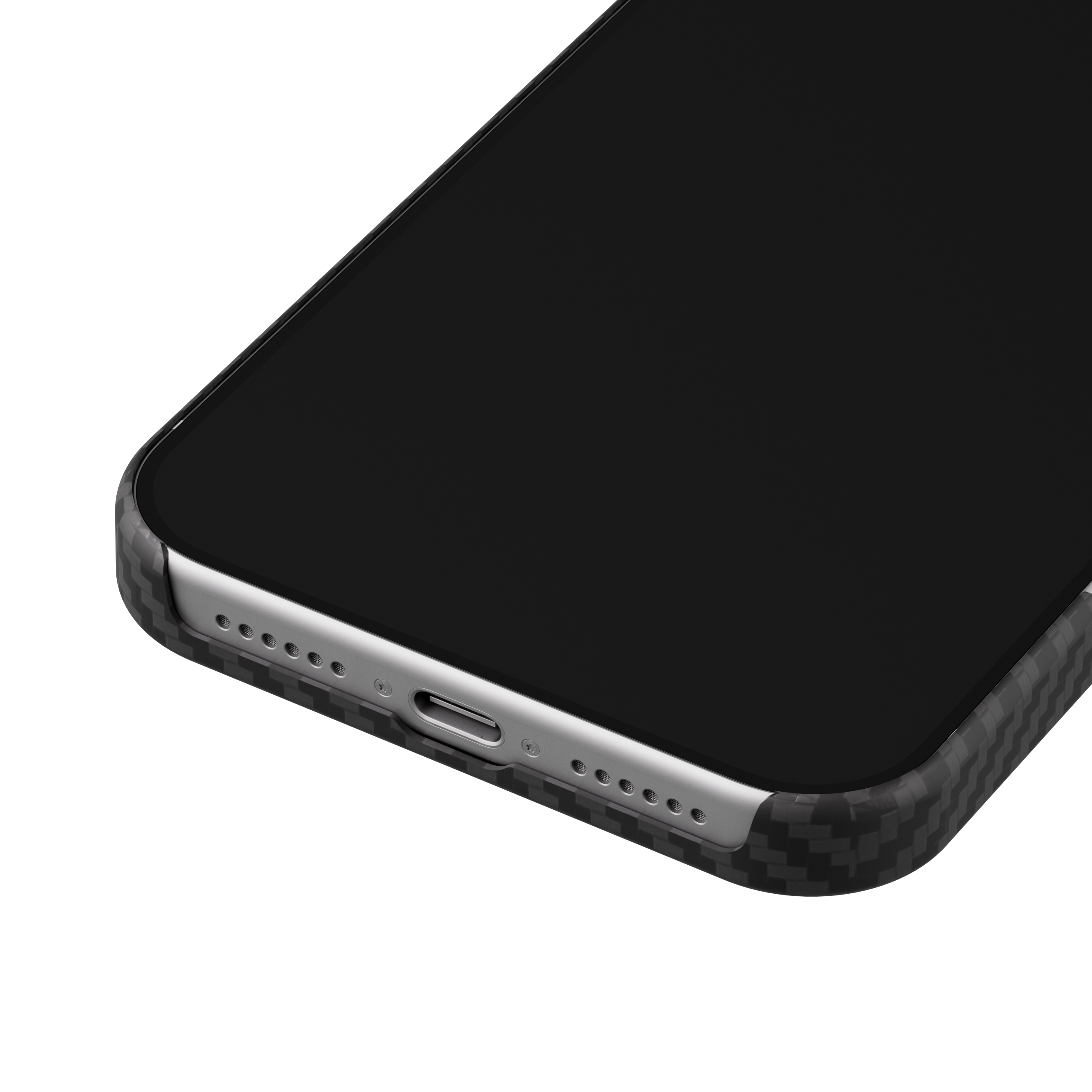 Mason aramid fiber iPhone 18 Pro case in matte black, close-up of the bottom corner
