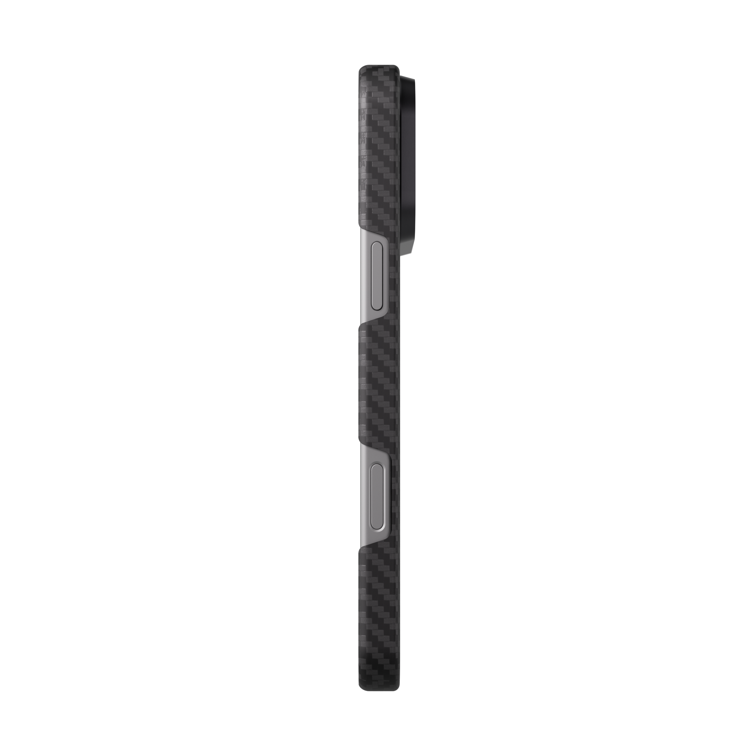 Mason aramid fiber iPhone 18 Pro case in matte black, side profile showing the power button and camera control cutouts