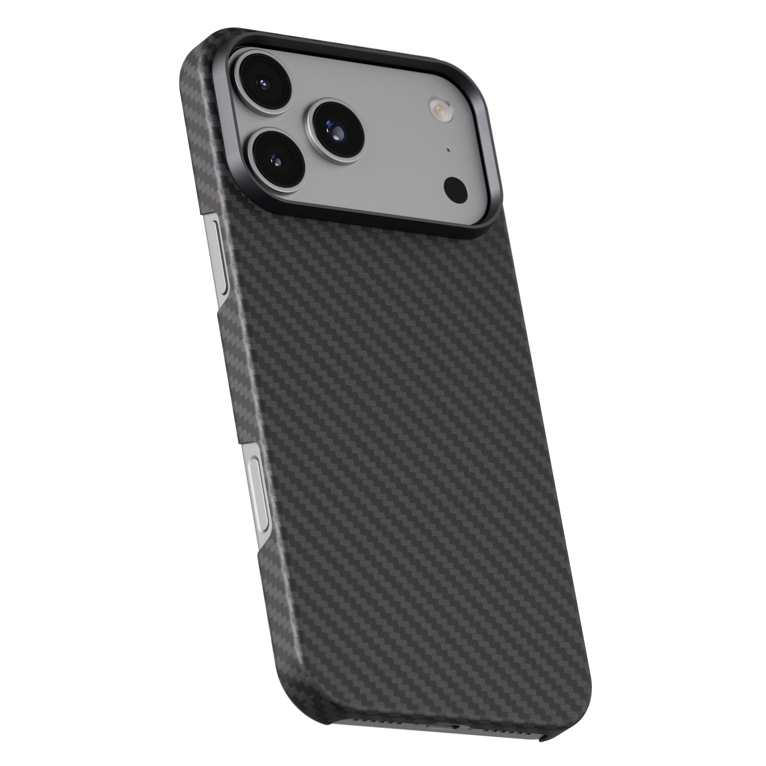 Mason aramid fiber iPhone 18 Pro Max case in matte black, back at a three-quarter hero angle