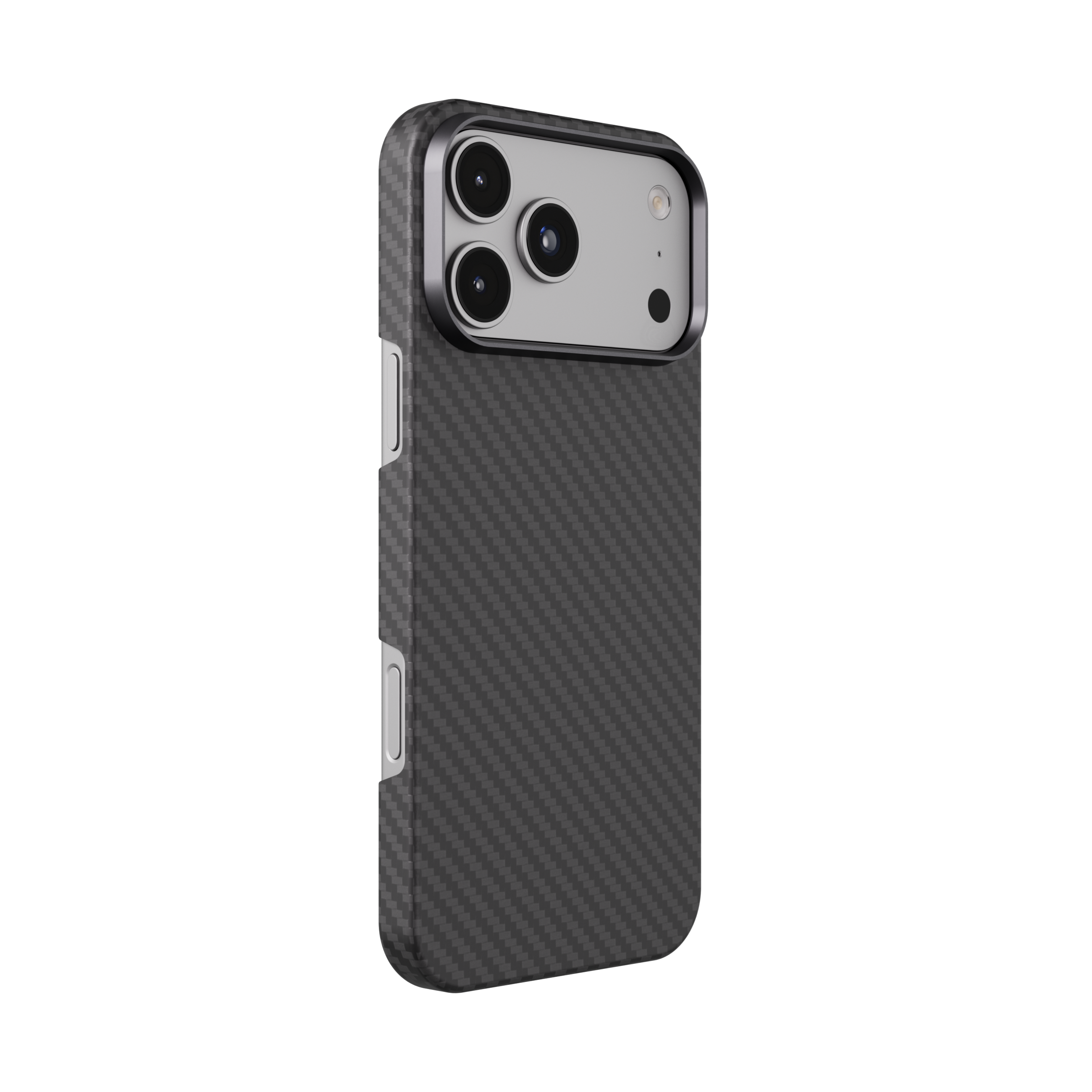 Mason aramid fiber iPhone 18 Pro Max case in matte black, back at an angle, power button side