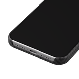Mason aramid fiber iPhone 18 Pro Max case in matte black, close-up of the bottom corner