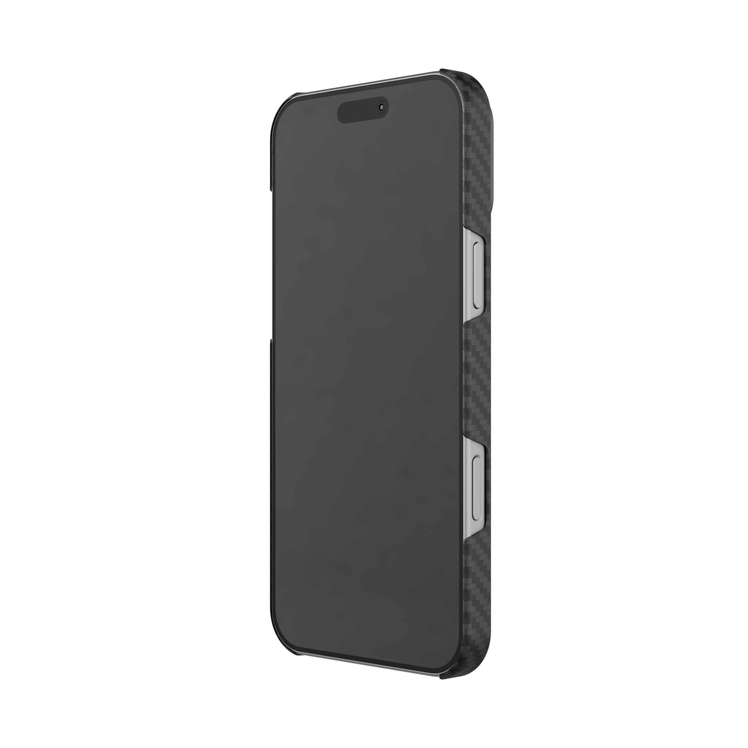 Mason aramid fiber iPhone 18 Pro Max case in matte black, front at an angle, screen visible