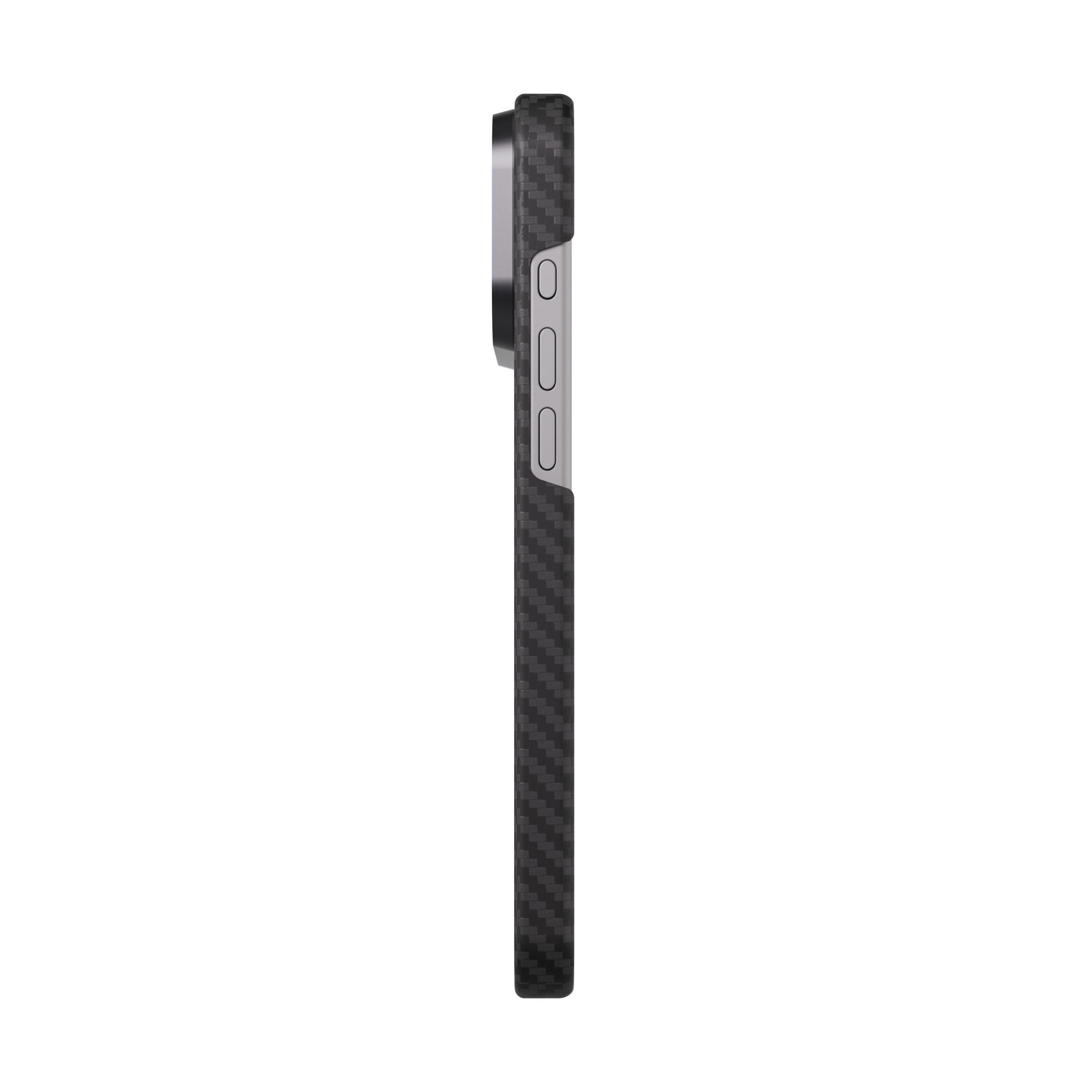 Mason aramid fiber iPhone 18 Pro Max case in matte black, side profile showing the action and volume button cutouts