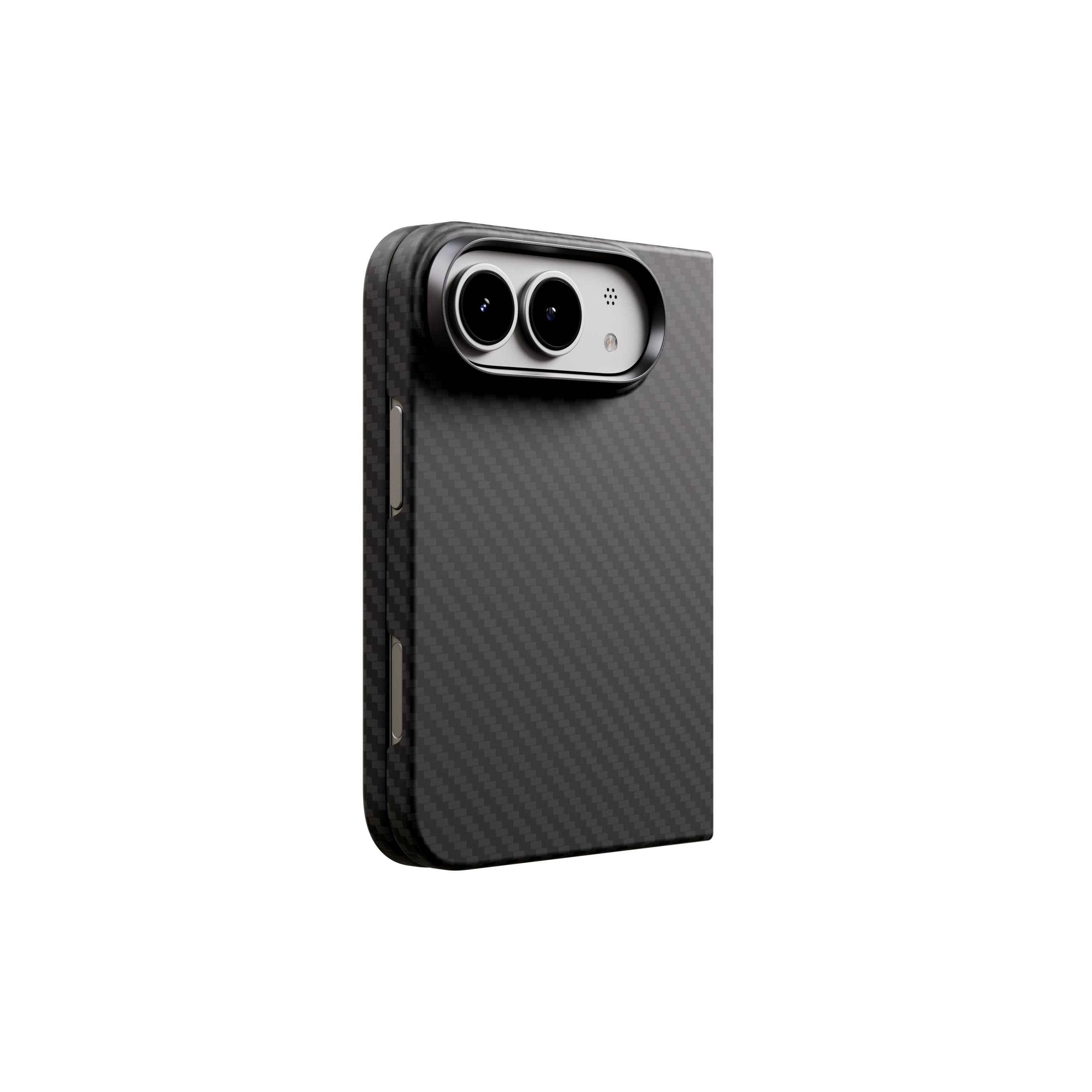 Mason aramid fiber iPhone Duo folding case in matte black, folded shut, back at an angle showing the button edge