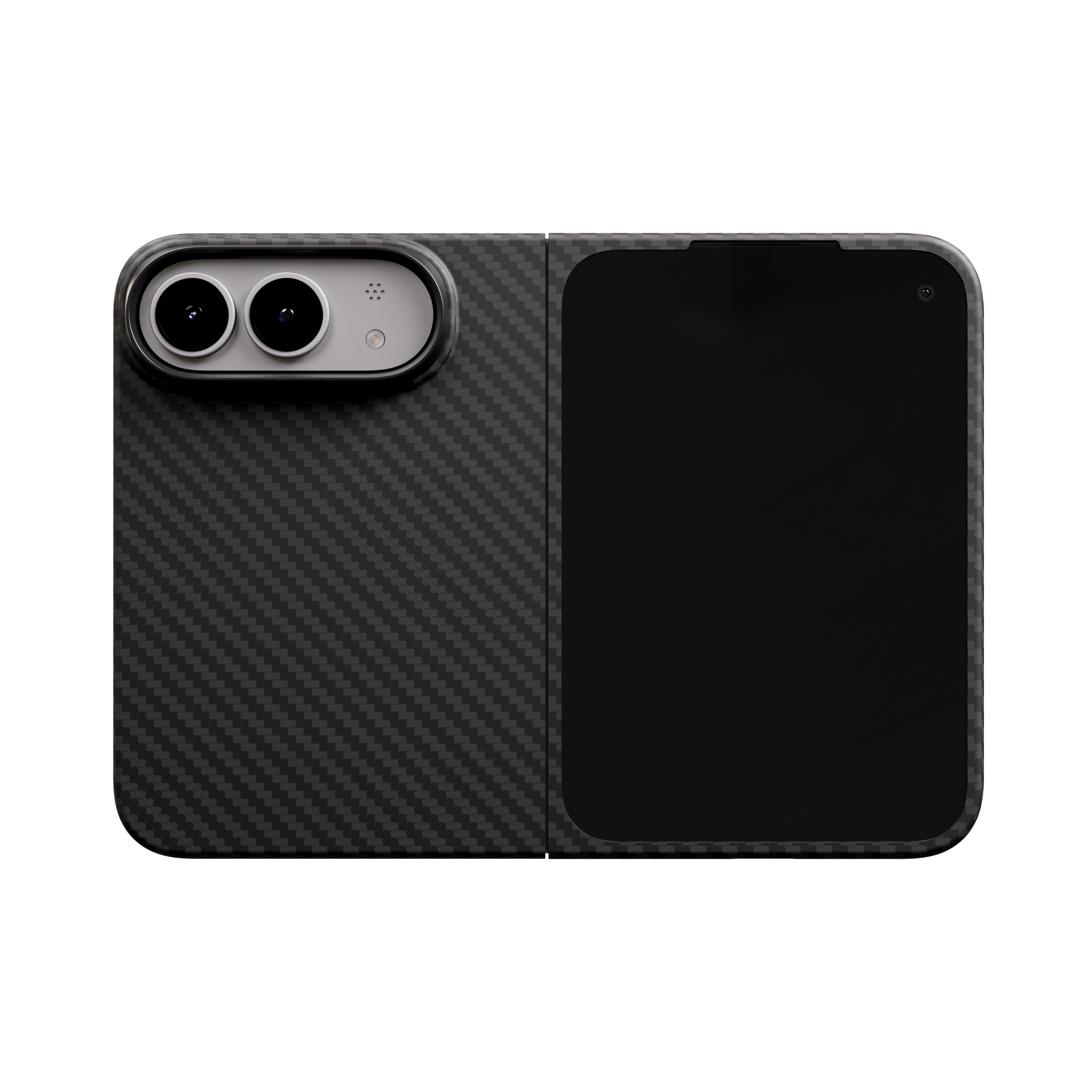 Mason aramid fiber iPhone Ultra folding case in matte black, unfolded flat, back of the case, straight on
