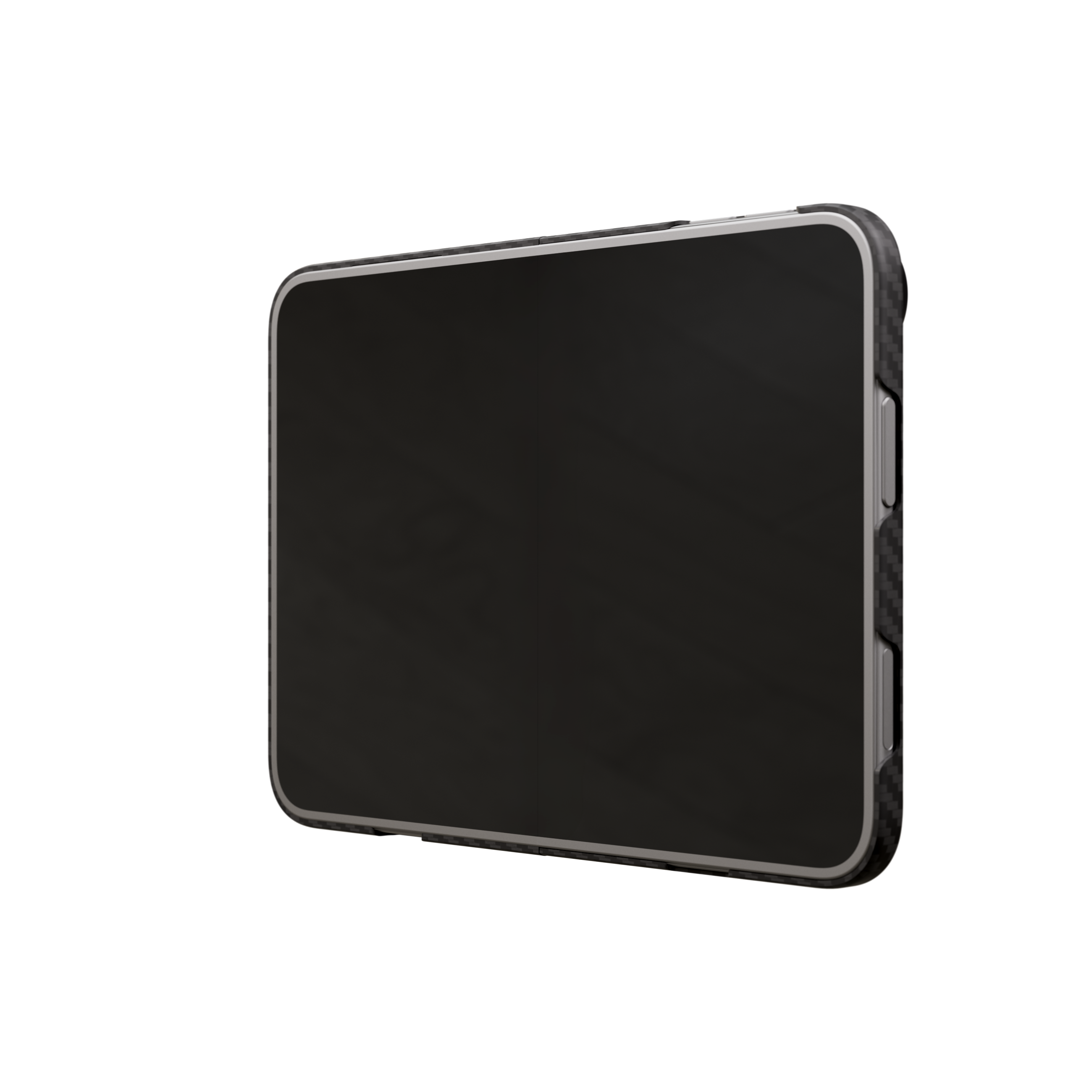 Mason aramid fiber iPhone Ultra folding case in matte black, unfolded flat, front at an angle, button edge on the right